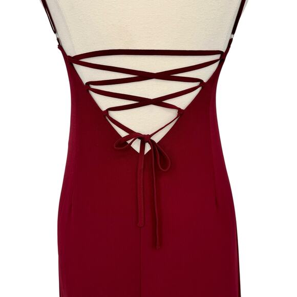 NWT Lulus Ada Lace-Up Maxi Dress Size L Burgundy Babydoll Asymmetric Ruffle Hem - Picture 10 of 16